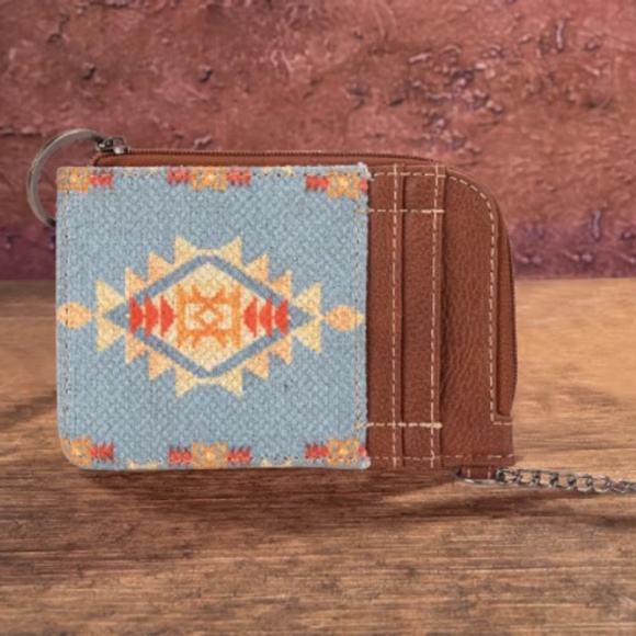 Wrangler Southwestern Art Print Mini Zip Card Case Brown/ Sky Blue - Picture 1 of 3